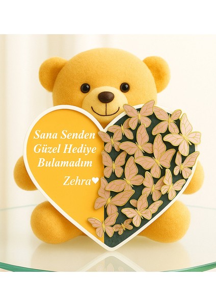Kişiye Özel Kelebek Buketi 25 cm Peluş Ayıcık Sana Senden Güzel Hediye Bulamadım Yazılı Kalp Kutu