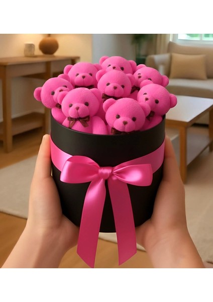 Ayıcık Buketi Silindir Kutuda Enerjik Fuşya Pembe Ayıcık Buketi Siyah Kutuda Şık Pembe Kurdeleli Hediye Özel Sonsuz Hediye Kutusu
