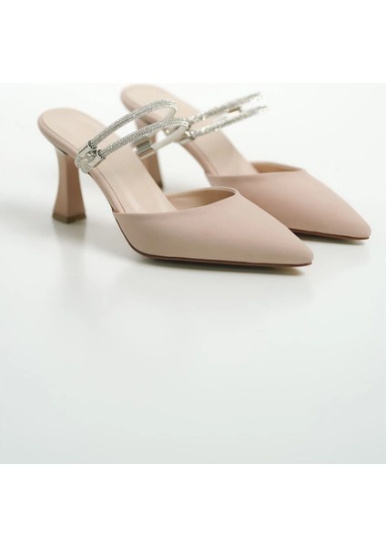 Georgina Kadın Taşlı Bej Saten Topuklu Ayakkabı