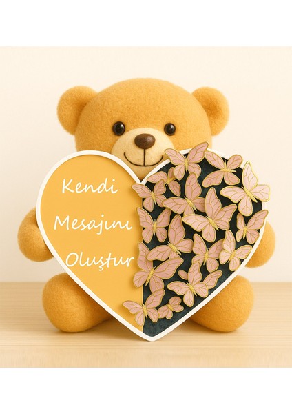 Kişiye Özel Mesajlı Ayıcık ve Kelebekli Kalp Kutulu Hediye Seti Kelebek Buketi