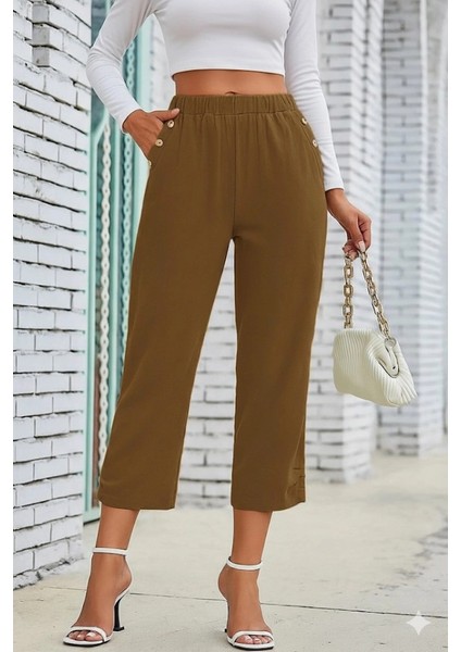 Kadın Beli Lastikli Düğme ve Cep Detaylı Kapri Ithal Keten Pantolon
