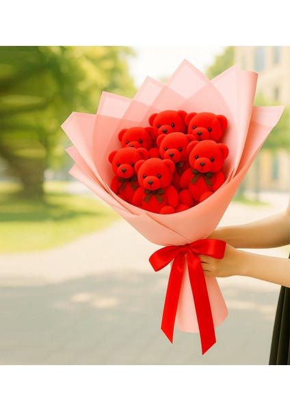 Kırmızı Ayıcık Buketi - 7 Adet Sevimli Peluş Ayı Ayıcık Buketi Hediyelik Peluş Ayı Buketi