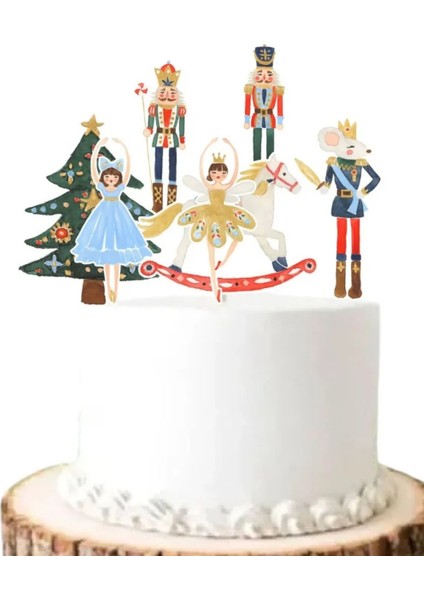 Çok Renkli Yılbaşı Tema Figürlü 7'li Uzun Kürdan Pasta Süsü