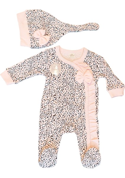 Leopar Desenli Kız Bebek Tulum Bereli