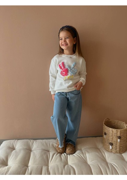 Inebolu Kids Yes Nakışlı 3 Iplik Şardonlu Kot Sweatshirt 2 Li Takım Kız Çocuk