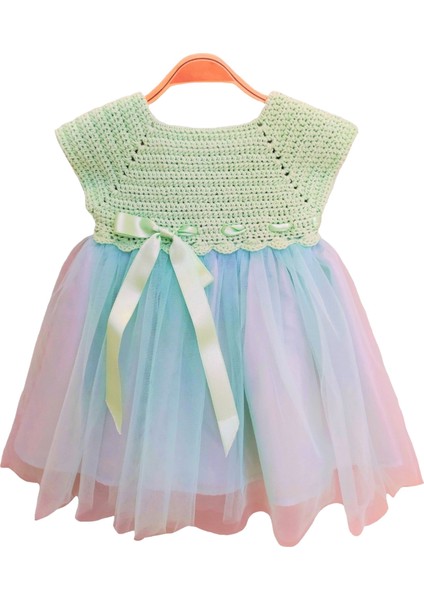 El Örgüsü %100 Pamuk Yeşil Kolsuz Tütü Elbise