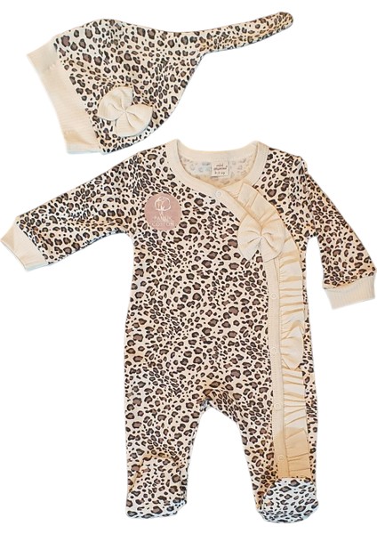 Leopar Desenli Kız Bebek Tulum Bereli