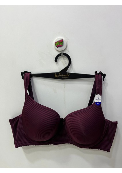 Kadın Çizgi Desenli D Cup Toparlayıcı Bordo Sütyen