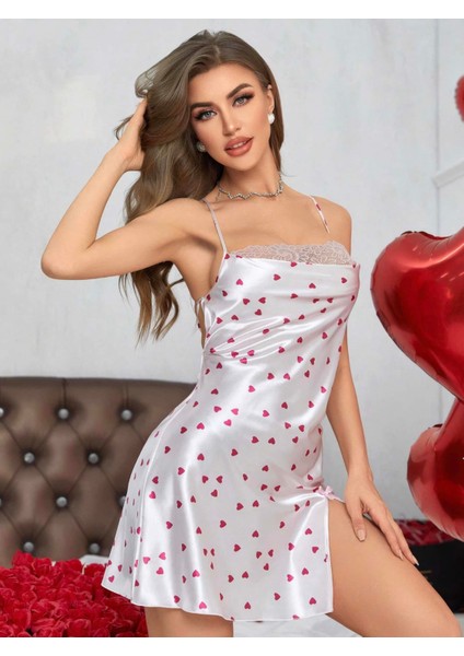 Kadın Beyaz Fuşya Kalp Desenli Saten Gecelik 2219 fırsatları