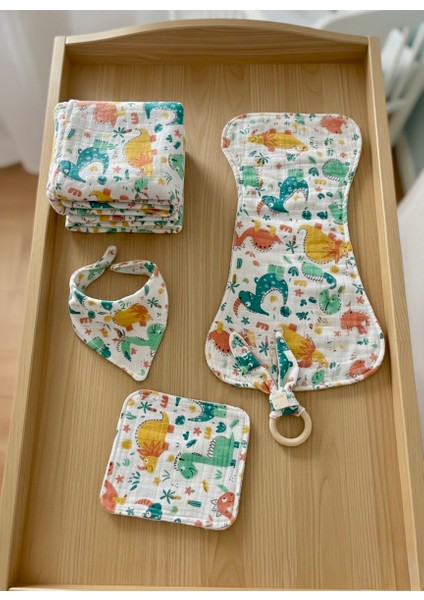 Dinozor Desenli 2 Katlı %100 Pamuk Müslin Bebek Seti (5'li Set)