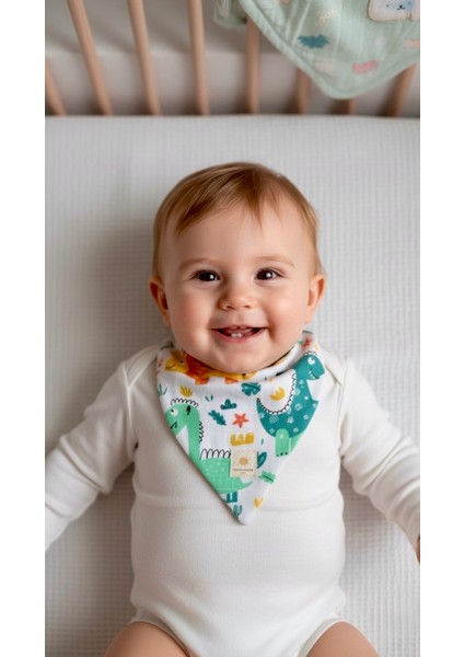 Dinozor Desenli 2 Katlı %100 Pamuk Müslin Bebek Seti (5'li Set)
