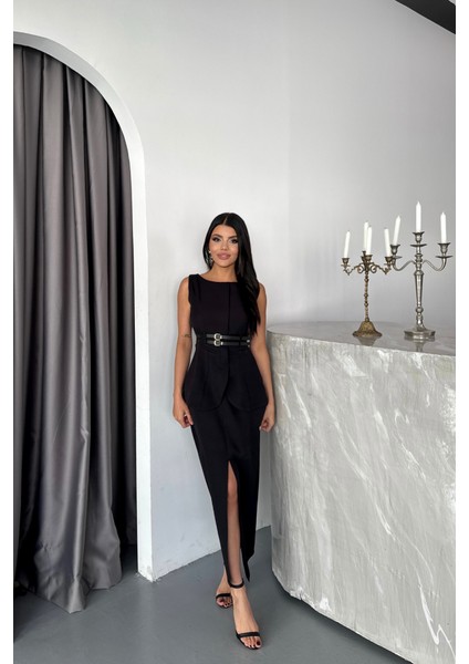 Ceket-Etek Görünümlü Elbiseçift Kemer Detaylı - Siyah