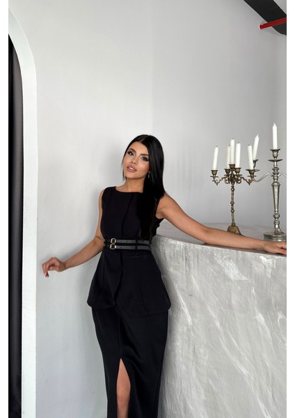 Ceket-Etek Görünümlü Elbiseçift Kemer Detaylı - Siyah fiyatları