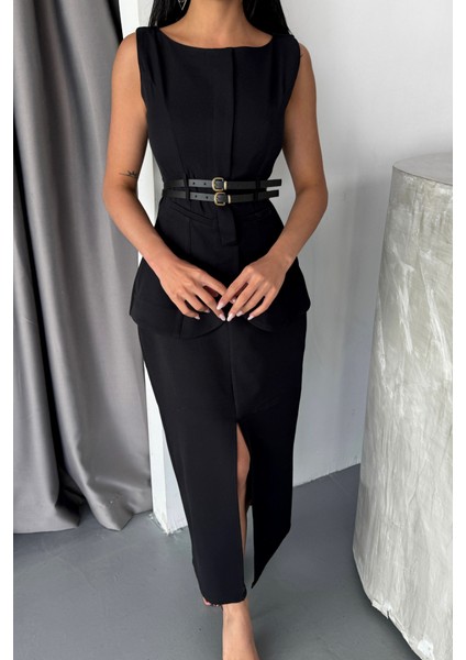 Ceket-Etek Görünümlü Elbiseçift Kemer Detaylı - Siyah modelleri