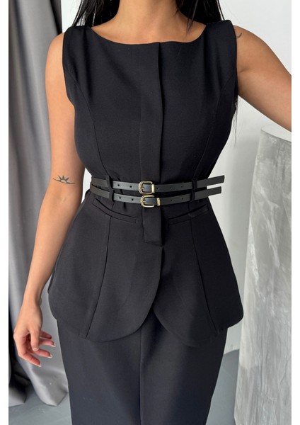 Ceket-Etek Görünümlü Elbiseçift Kemer Detaylı - Siyah fırsatları