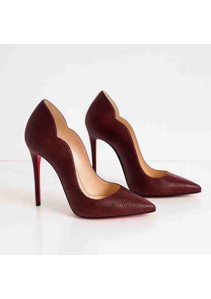 Bordo Desenli Sivri Burun Stiletto Topuklu Kadın Ayakkabı