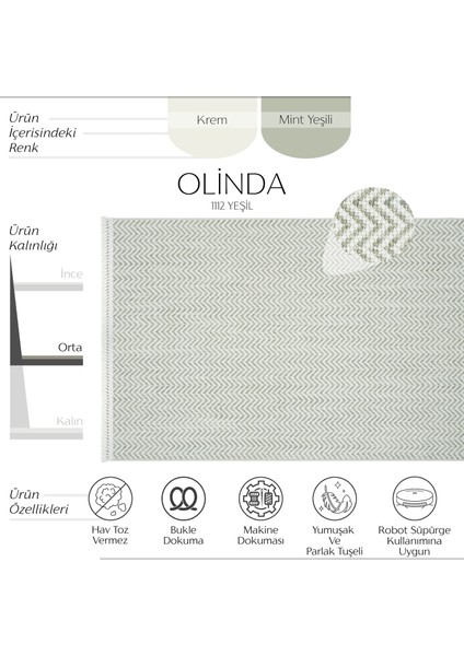 Olinda 1112 Yeşil Halı Iskandinav Desenli Yumuşak Bukleli Dokuma Bohem Ince Yazlık Ev Salon Halısı fiyatları