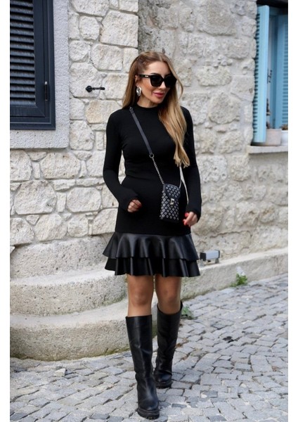 Kadın Uzun Kollu Bisiklet Yaka Üst Viskon Etek Ucu Deri Kısa Elbise