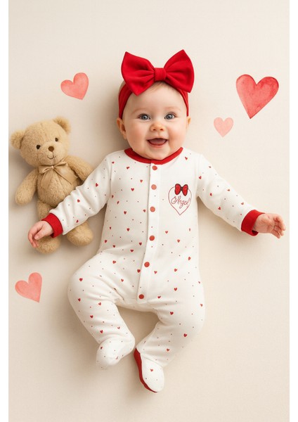 Yeni Doğan Kız Bebel 6-9-12 Ay Fiyonklu Kalp Baskılı Angel Tulum