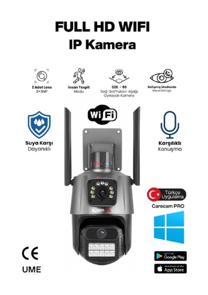 3 Mp + 3 Mp Çift Lens Wi-Fi Tf Kart Girişli Güvenlik Kamerası