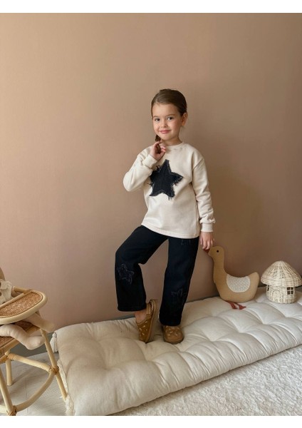 Inebolu Kids Yıldız Çıkartmalı Şardonlu Kot Sweatshirt Takım Kız Çocuk