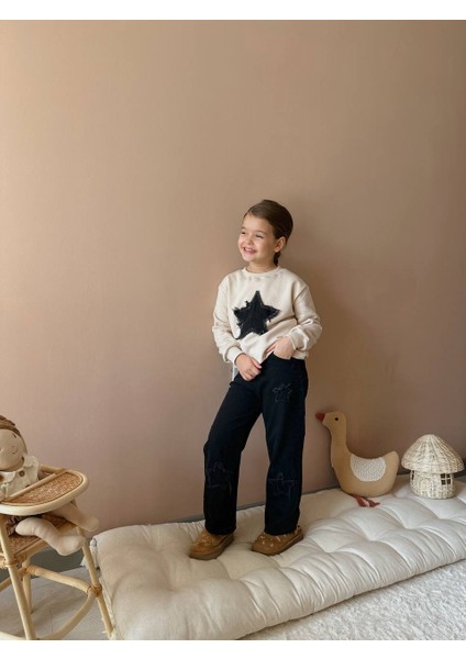 Inebolu Kids Yıldız Çıkartmalı Şardonlu Kot Sweatshirt Takım Kız Çocuk modelleri