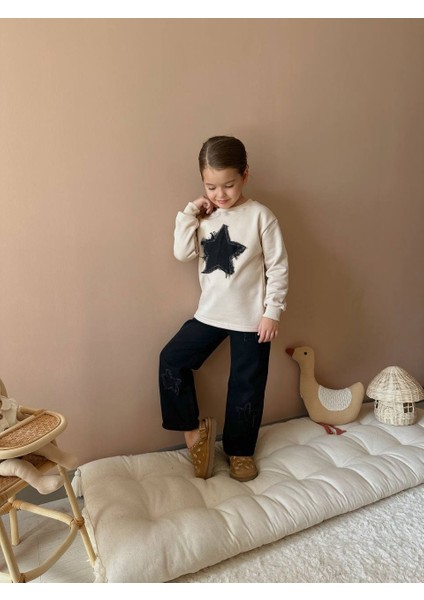 Inebolu Kids Yıldız Çıkartmalı Şardonlu Kot Sweatshirt Takım Kız Çocuk fırsatları