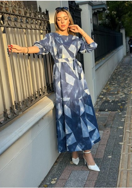 Kadın Uzun Kollu Bisiklet Yaka Geometrik Desen Baskılı Kuşak Dahil Maxi Boy Elbise fiyatları