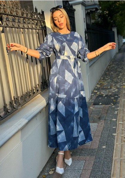 Kadın Uzun Kollu Bisiklet Yaka Geometrik Desen Baskılı Kuşak Dahil Maxi Boy Elbise modelleri