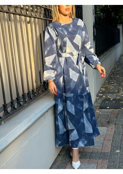 Kadın Uzun Kollu Bisiklet Yaka Geometrik Desen Baskılı Kuşak Dahil Maxi Boy Elbise fırsatları