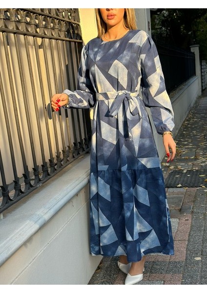 Kadın Uzun Kollu Bisiklet Yaka Geometrik Desen Baskılı Kuşak Dahil Maxi Boy Elbise indirimleri