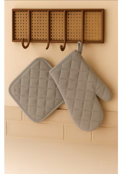 2 Li Isıya Dayanıklı Fırın Eldiveni ve Tutacak Seti Mutfak Eldiveni Seti Gri Renk