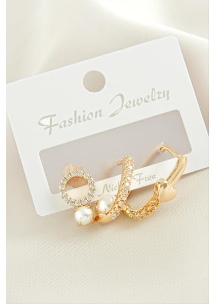 3 Adet Kalp Inci Zirkon Taşlı Küpe