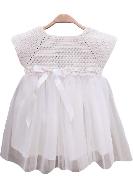 El Örgüsü %100 Pamuk Ekru Kolsuz Tütü Elbise