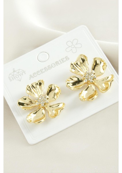 Çiçek Taşlı Metal Küpe