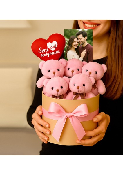 Kişiye Özel Fotoğraflı Pembe 5'li Ayıcık Buketi Sevgiliye Hediye