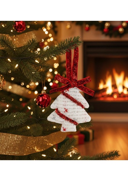 Yılbaşı Süsü Örgü Çam Ağacı – Kırmızı & Beyaz / 8 cm