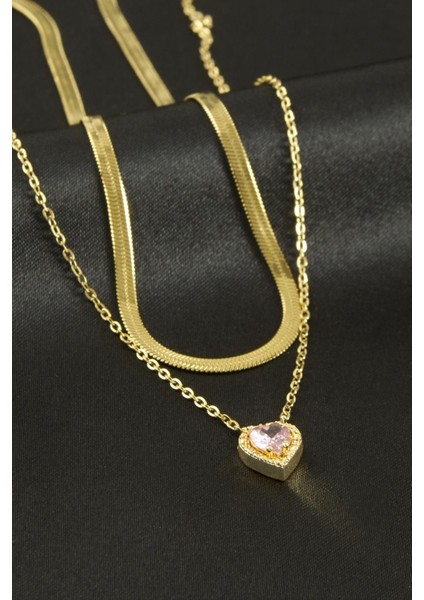 Kalp Zirkon Taşlı Çelik Ikili Kolye