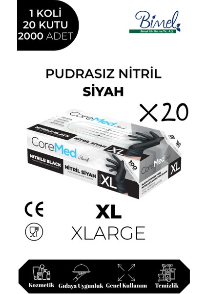 Nitril Siyah Pudrasız Muayene Eldiveni Xl - 1 Koli-20 PAKET-2000'LI