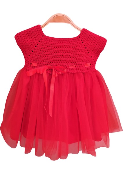 El Örgüsü %100 Pamuk Kırmızı Kolsuz Tütü Elbise