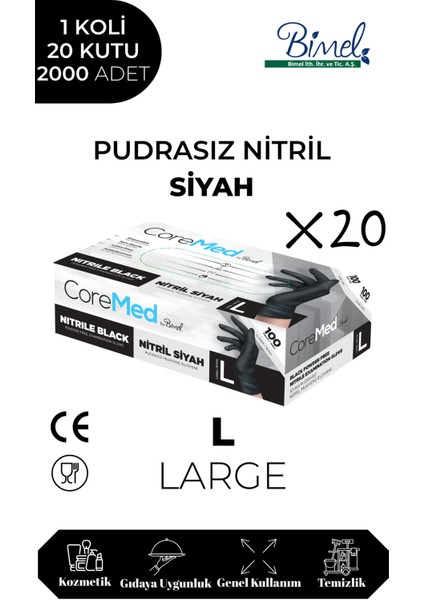 Nitril Siyah Pudrasız Muayene Eldiveni L - 1 Koli-20 PAKET-2000'LI
