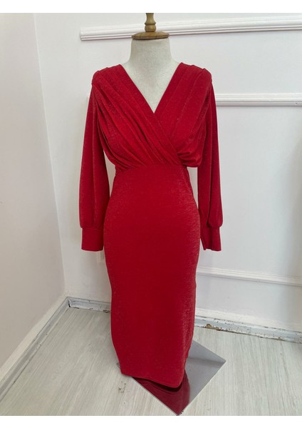 Kadın Uzun Kollu Kruvaze Yaka Büzgü ve Balon Kol Detay Simli Krep Kumaş Maxi Boy Elbise fiyatları