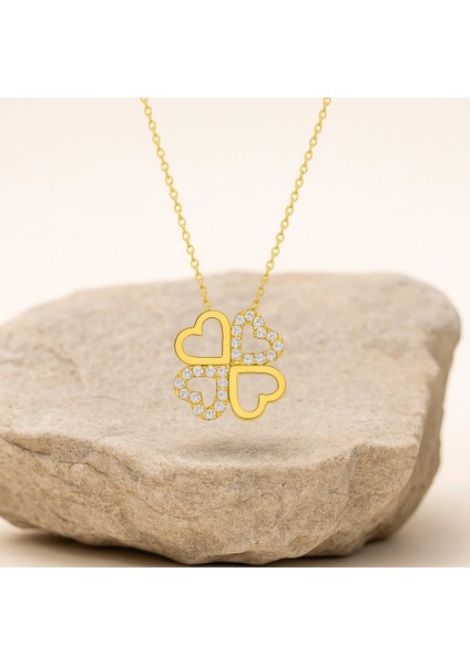 14 Ayar Altın Çift Kalpli Yonca Kolye modelleri