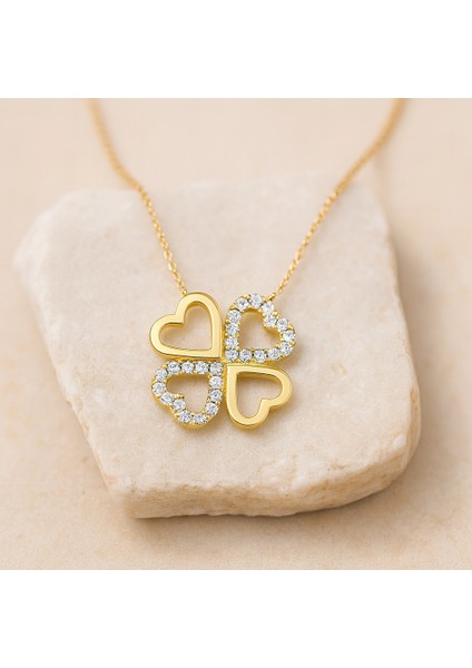 14 Ayar Altın Çift Kalpli Yonca Kolye fırsatları