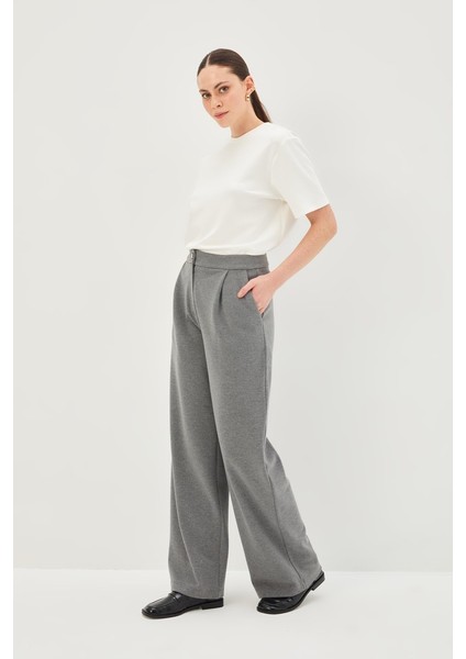 Pileli Düz Kesim Antrasit Örme Pantolon modelleri