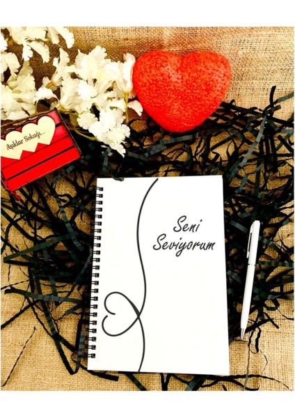 Sevgililer Günü Seni Seviyorum Yazılı Ahşap Defter Kalem Seti - Beyaz