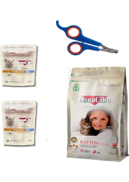 Yavru Kedi Paketi Hoşgeldin Kitten Tavuklu 1,5kg + Soslu Tavuklu 2×85G Yaş Mama + Tırnak Makası