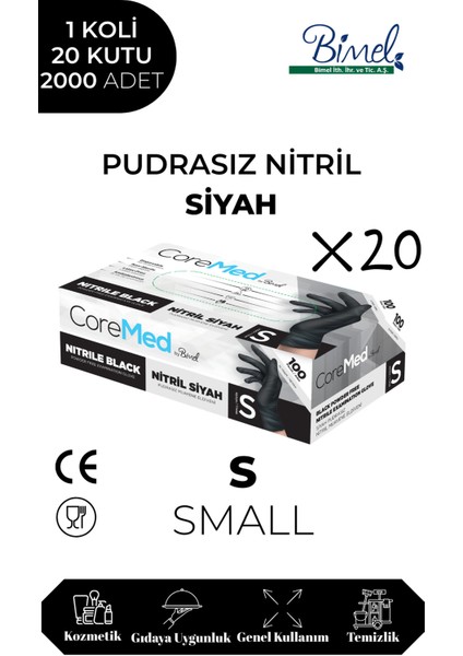 Nitril Siyah Pudrasız Muayene Eldiveni S - 1 Koli-20 PAKET-2000'LI