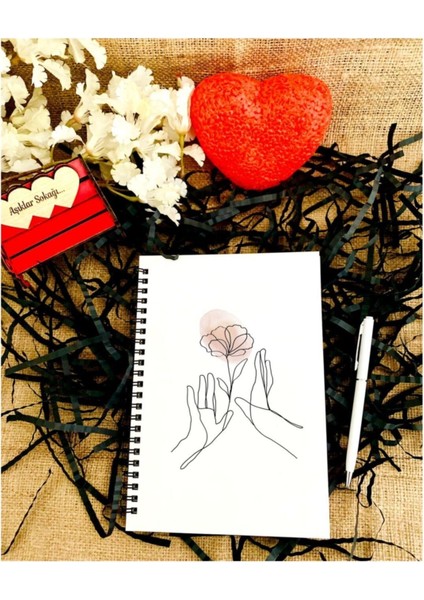 Sevgililer Günü Çiçekli El Desen Baskılı Ahşap Defter Kalem Seti - Beyaz