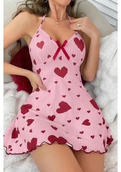 Kadın Pembe Kırmızı Kalp Desenli Askılı Sırt Dekolteli Elbise 5064